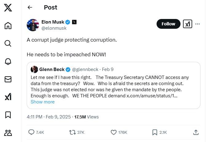 Elon Musk Twitter post judicial corruption screenshot