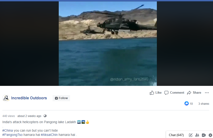 The video actually shows US military helicopters flying over a lake in
