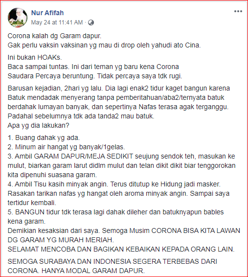 Tangkapan layar unggahan mengenai hoaks garam dapat mengobati virus corona
