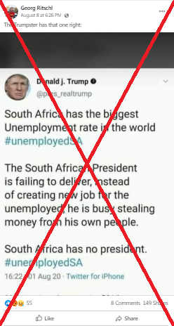 Tweet lamenting South Africa’s jobless numbers comes from a fake Trump account
