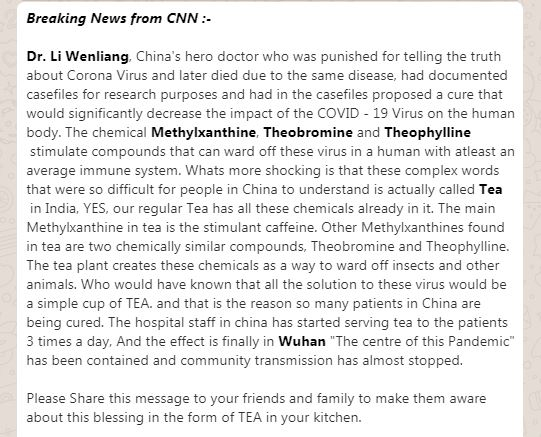 There’s No evidence that drinking tea can cure symptoms of COVID-19 (Coronavirus)