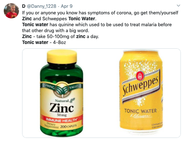 Homemade Remedies Such As Zinc And Tonic Water Do Not Cure Covid