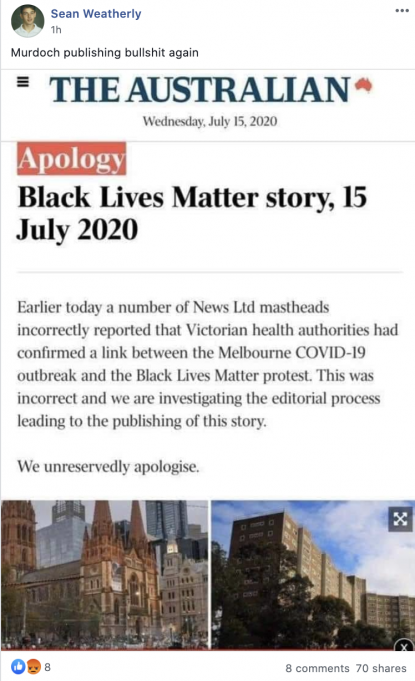 The Australian Newspaper Did Not Publish An Apology Over A Report Linking A Black Lives Matter Protest With A Covid 19 Outbreak In The Country Fact Check