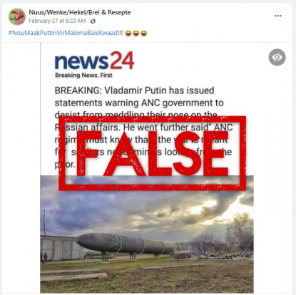 Finde på fjerkræ Økologi Fabricated news alert falsely claims Russian president told South Africa's  ANC to keep out of its affairs | Fact Check