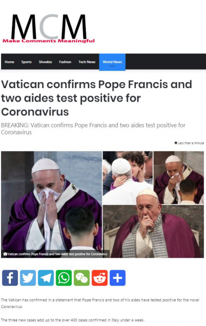 reality of pope Francis and two aids contracted coronavirus