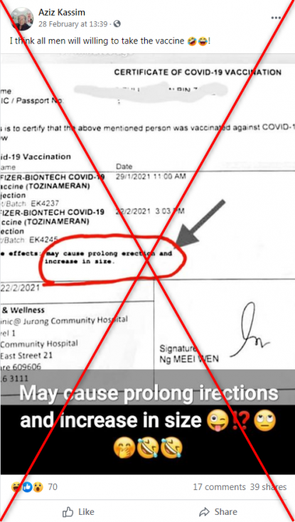 picture Singapore Covid Vaccine Certificate picture shows covid 19 vaccination certificate warning of side effects on penis